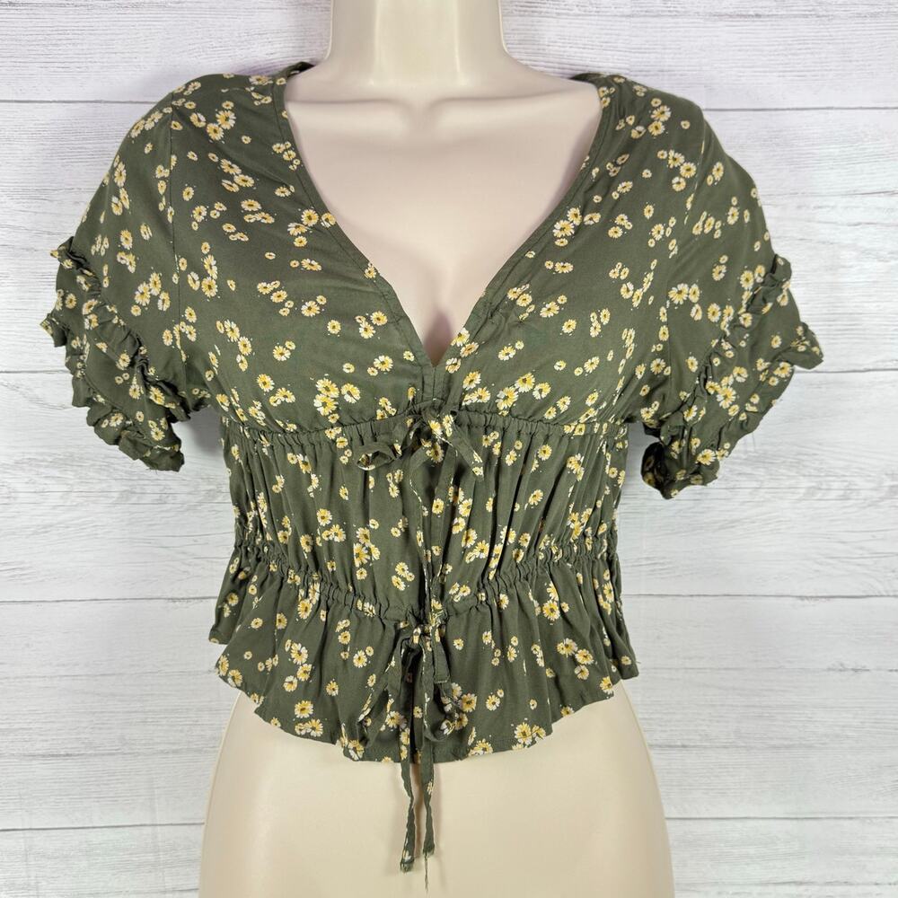 VTG Arizona Y2k xs women green floral babydoll crop top peasant cottage coquette - Picture 2 of 8